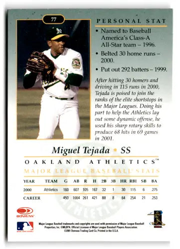 2001 Donruss Studio #77 Miguel Tejada NM Near Mint Athletics ID:82527 - Baseball Card Single