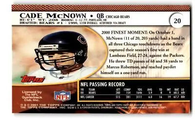Cade McNown football card from 2001 Finest #20 showcasing Cade McNown football memorabilia