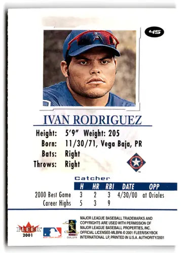2001 Fleer Authority #45 Ivan Rodriguez NM-MT Rangers ID:81583 - Baseball Card Single