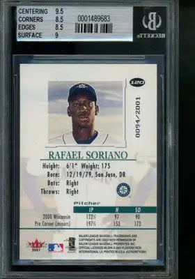 2001 Fleer Authority Rafael Soriano #120 0094/2001 Baseball BGS 8.5 - Baseball Card Single