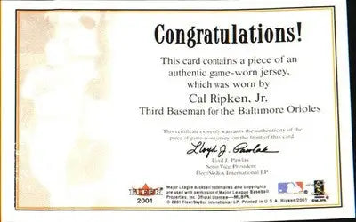 2001 Fleer Cal Ripken Jr. Career Highlights Glossy Relics MEM Game Worn - Baseball Card Single