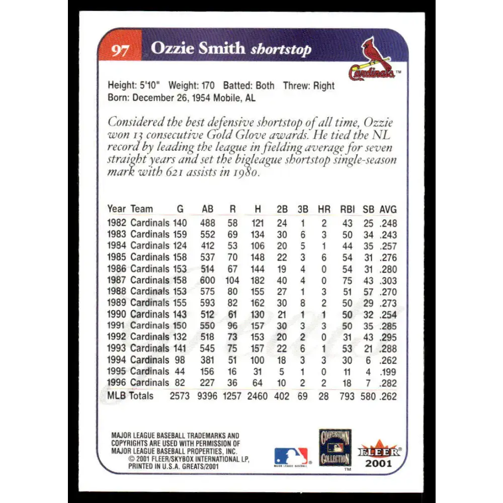 2001 Fleer Greats of the Game #97 Ozzie Smith EX/NM St. Louis Cardinals Baseball Card - Baseball Card Single