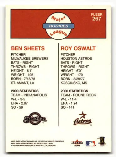 Original gloss baseball card featuring Ben Sheets and Roy Oswalt from Fleer Platinum