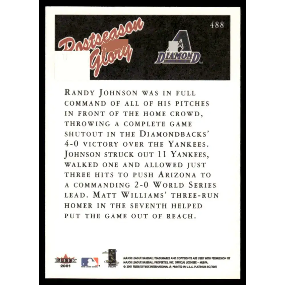 2001 Fleer Platinum #488 Randy Johnson EX/NM Arizona Diamondbacks Baseball Card - Baseball Card Single