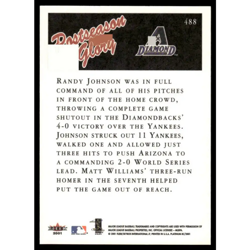 2001 Fleer Platinum #488 Randy Johnson EX/NM Arizona Diamondbacks Baseball Card - Baseball Card Single