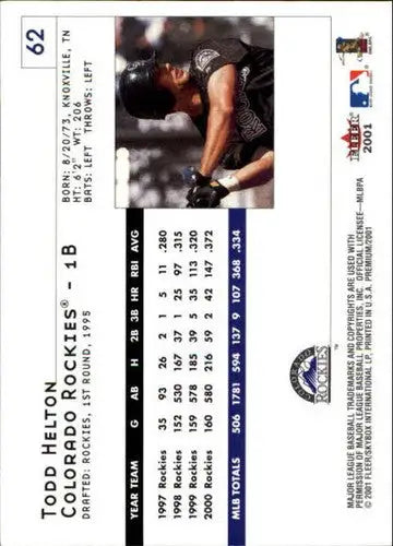 Original gloss baseball card of Todd Helton from Fleer Premium 2001 with career stats