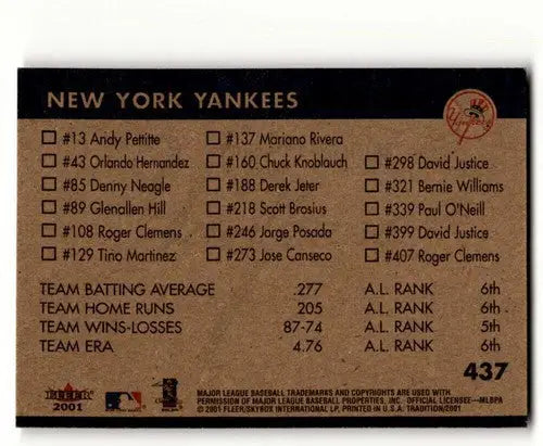 2001 Fleer Tradition #437 Derek Jeter / Bernie Williams / Andy Pettitte ID:63251 - Baseball Card Single