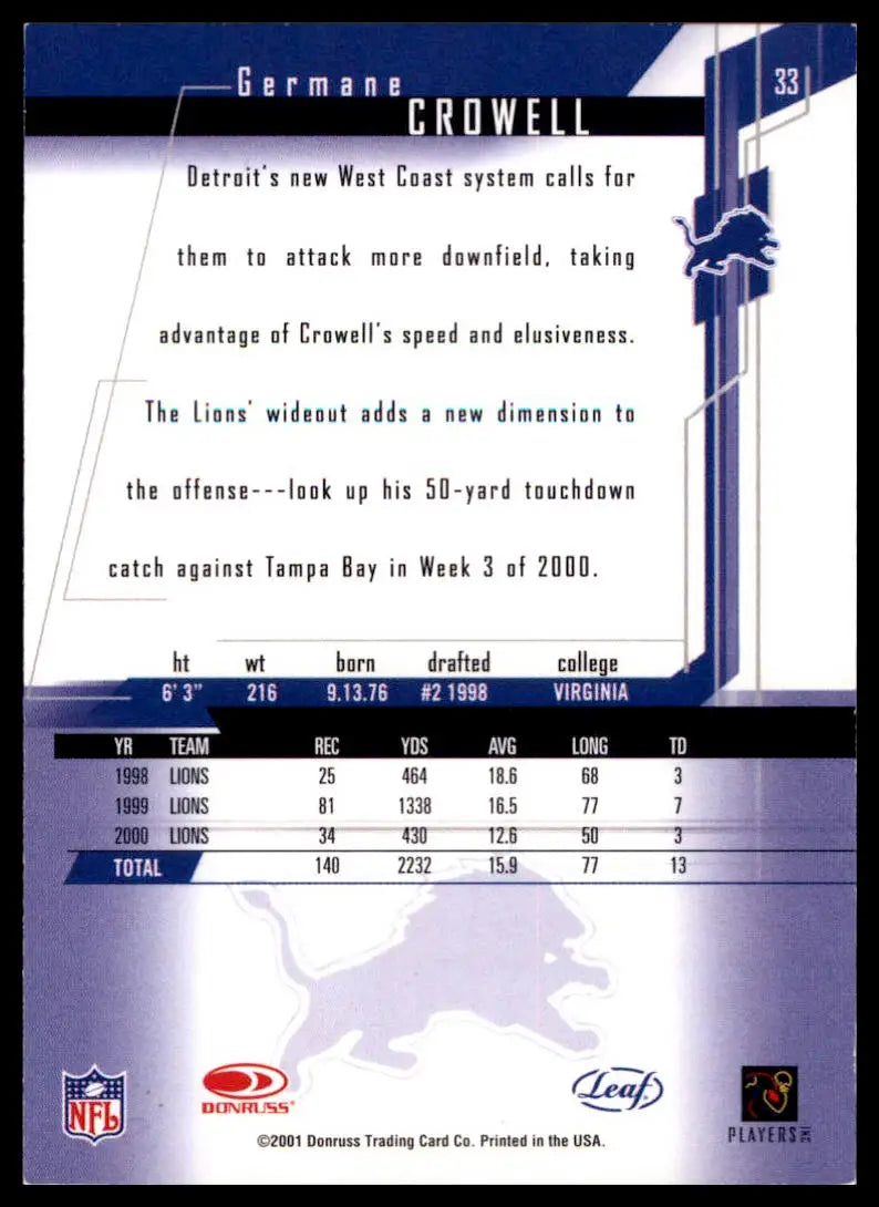 2001 Leaf Rookies & Stars Germane Crowell 33 Detroit Lions NM - Football Card Single