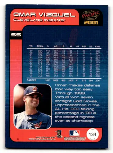 Omar Vizquel baseball card 2001 Pacific #134 with original gloss featuring Indians