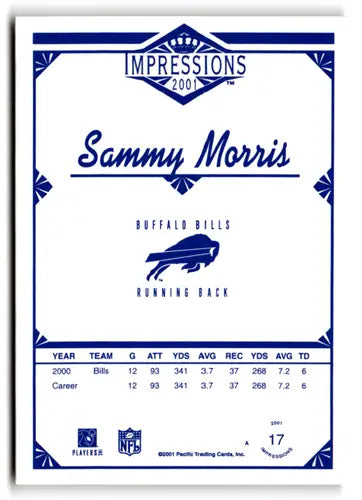 Original gloss Pacific Impressions Sammy Morris football card from 2001 NM-MT condition
