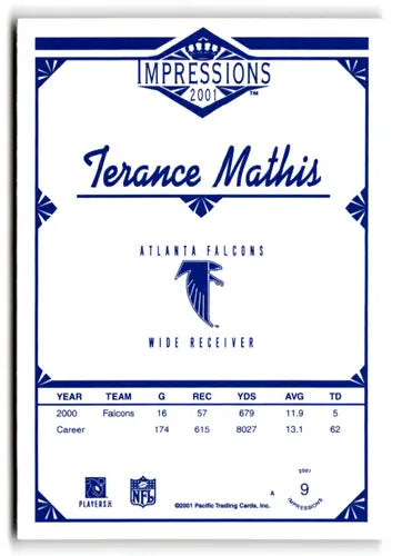 2001 Pacific Impressions Terance Mathis Falcons football trading card with original gloss