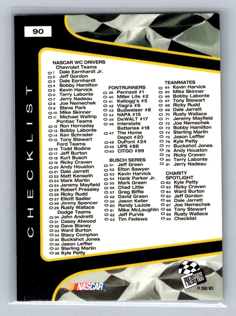 2001 Press Pass Trackside #90 Checklist - Racing Card Single