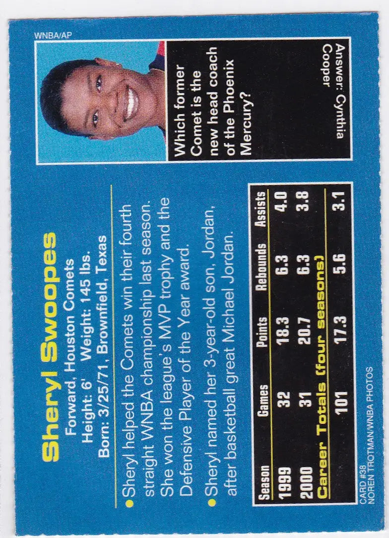 Sheryl Swoopes WNBA basketball card from 2001 Sports Illustrated for Kids featuring Swoopes WNBA Comets