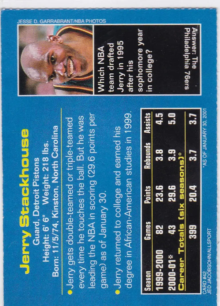 Jerry Stackhouse Detroit Pistons basketball card from 2001 Sports Illustrated for Kids