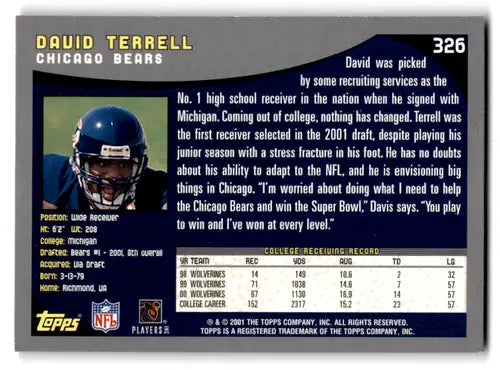2001 Topps #326 David Terrell NM Near Mint RC Rookie Bears ID:82097 - Football Card Single