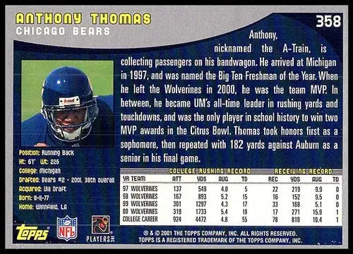2001 Topps #358 Anthony Thomas NM-MT RC Rookie Bears ID:82096 - Football Card Single