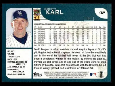 2001 Topps #92 Scott Karl - Baseball Card Single