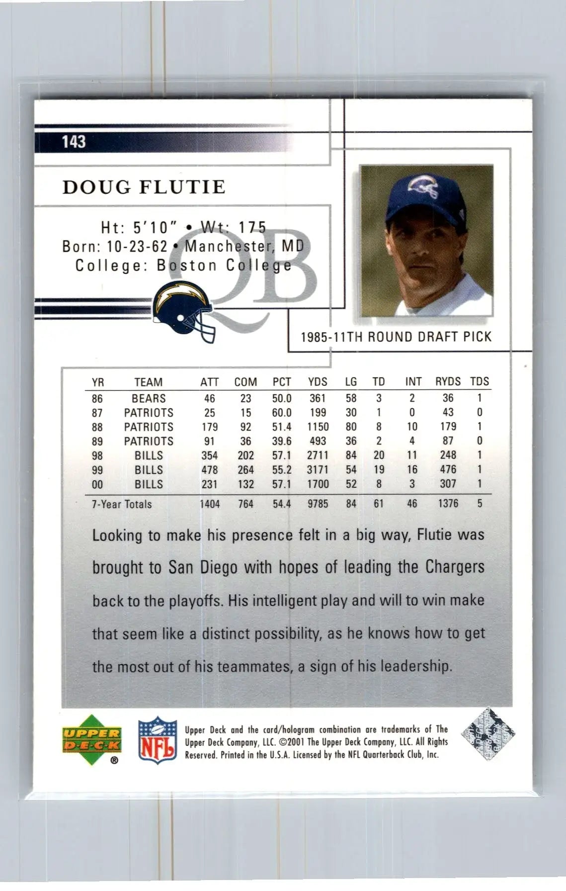 2001 Upper Deck #143 Doug Flutie San Diego Chargers - Football Card Single