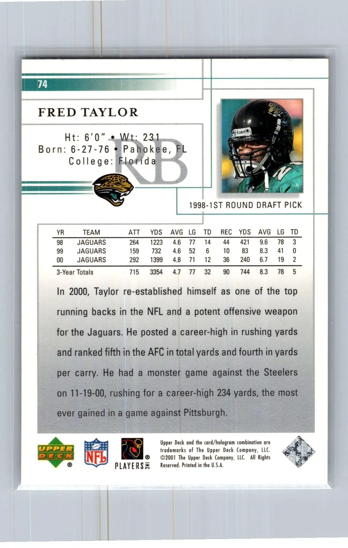 2001 Upper Deck #74 Fred Taylor Jacksonville Jaguars - Football Card Single