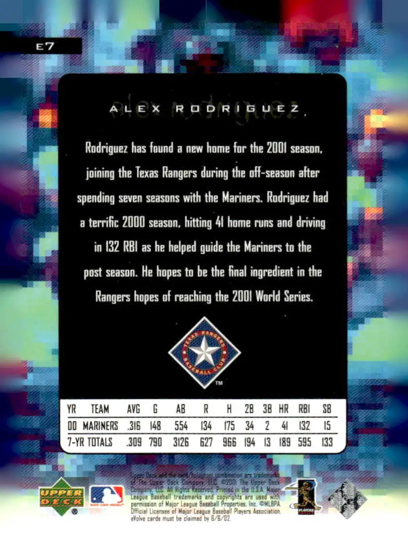 2001 Upper Deck #E7 Alex Rodriguez e-Cards - Baseball Card Single