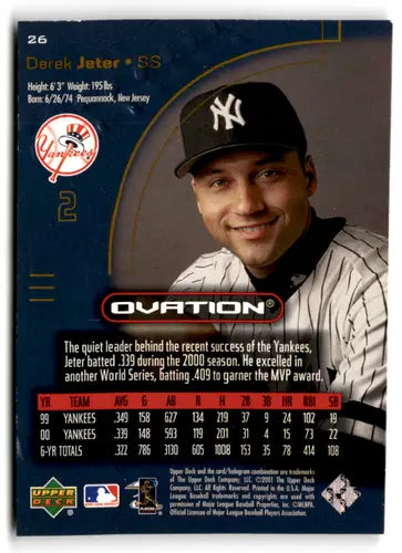 Derek Jeter baseball card from 2001 Upper Deck Ovation with original gloss and Yankees team