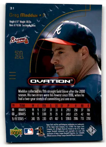 Original gloss Baseball card from 2001 Upper Deck Ovation featuring Greg Maddux Braves