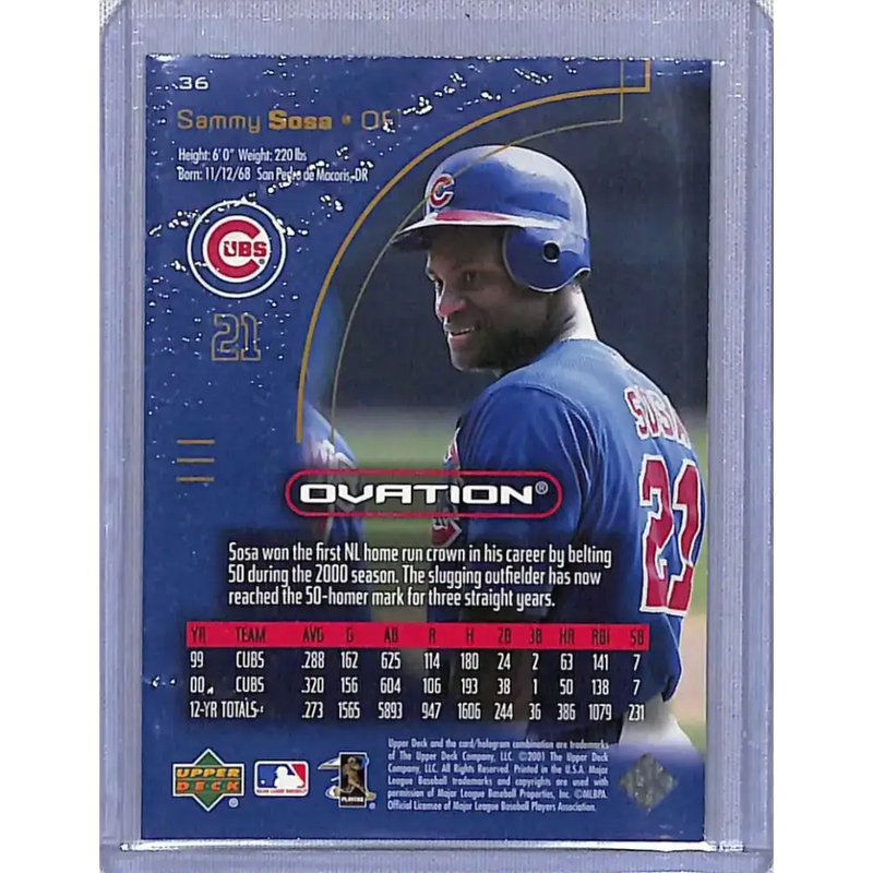 2001 Upper Deck Ovation #36 Sammy Sosa NM-MT Baseball Card - Baseball Card Single