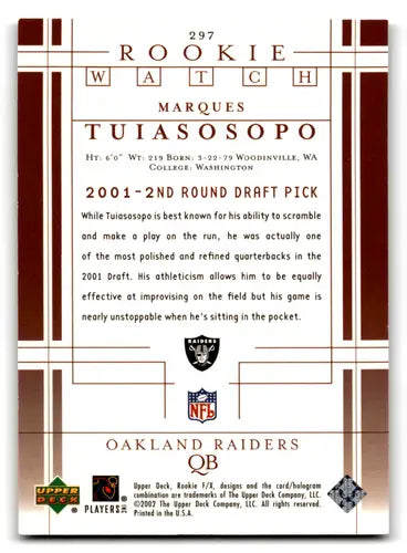 Original gloss Upper Deck Rookie Marques Tuiasosopo rookie card from 2001 Upper Deck Rookie F/X