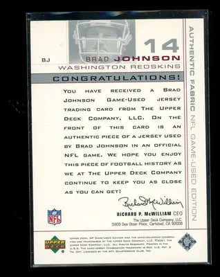 2001 Upper Deck SP Game Used Edition Brad Johnson #BJ Game-Used Jersey - Sports Memorabilia