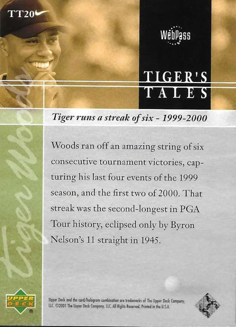 2001 Upper Deck Tiger’s Tales #TT20 Tiger Woods EX Excellent Golf Card - Golf Card Single