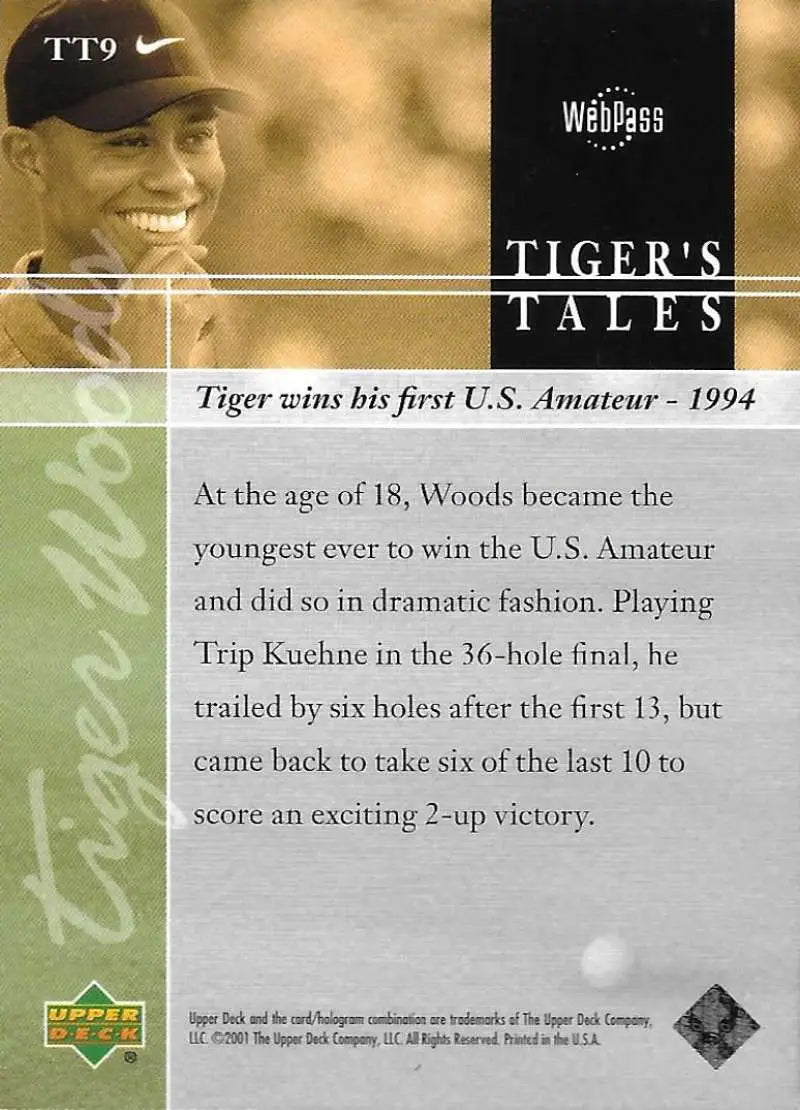2001 Upper Deck Tiger’s Tales #TT9 Tiger Woods EX Excellent Golf Card - Golf Card Single