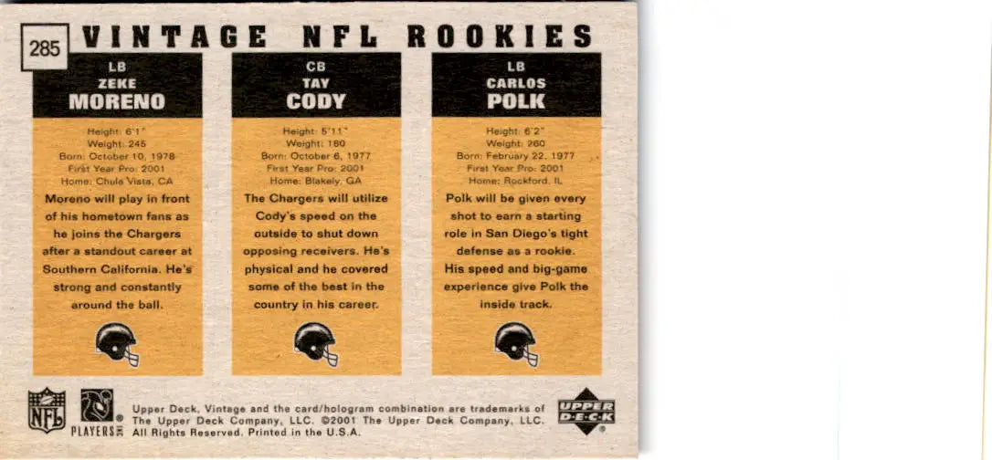 2001 Upper Deck Vintage #285 Carlos Polk / Tay Cody / Zeke Moreno - Football Card Single