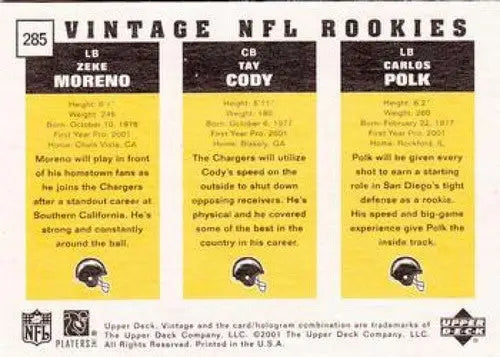 2001 Upper Deck Vintage #285 Tay Cody/Carlos Polk/Zeke Moreno NM-MT RC ID:82017 - Football Card Single