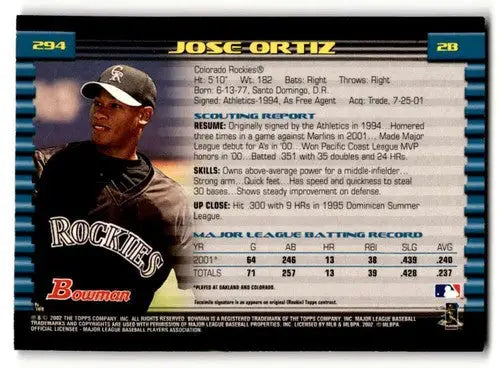 Original gloss Jose Ortiz Colorado Rockies baseball card from 2002 Bowman #294