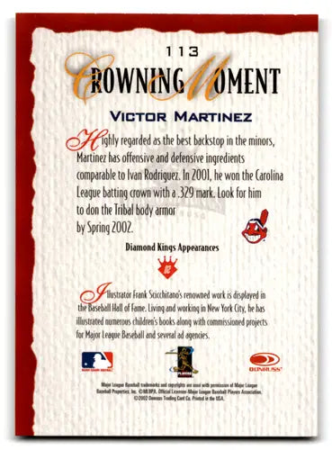 Back of a 2002 Donruss Diamond Kings Victor Martinez baseball trading card with original gloss
