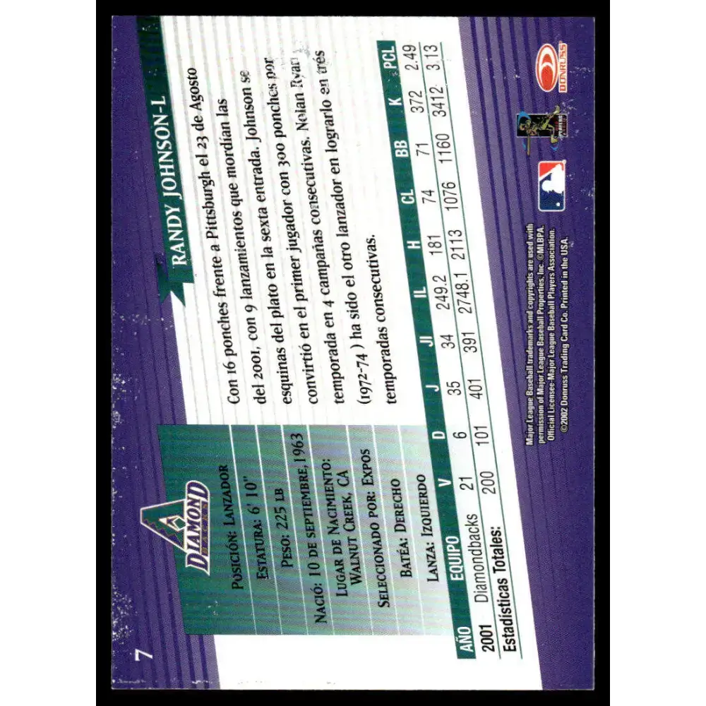 2002 Donruss Super Estrellas #7 Randy Johnson EX/NM Arizona Diamondbacks Baseball Card - Baseball Card Single