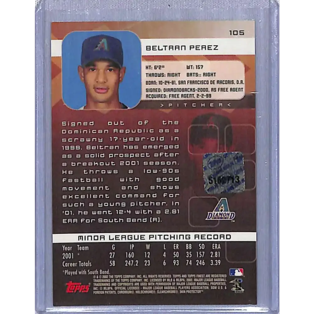 2002 Finest #105 Beltran Perez Auto Arizona Diamondbacks NM-MT Baseball Card - Baseball Card Single