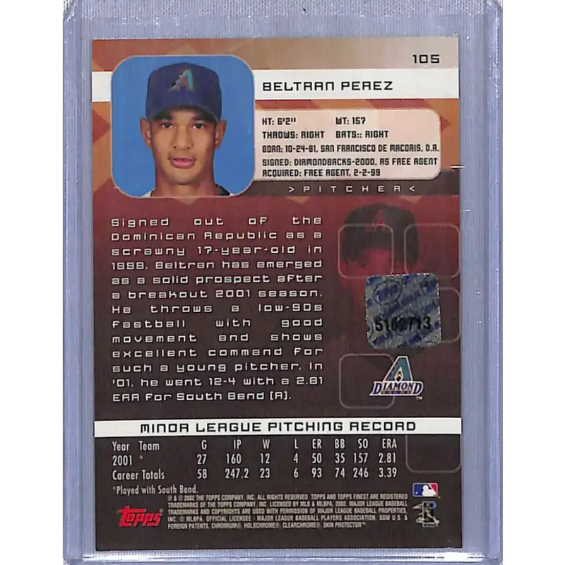2002 Finest #105 Beltran Perez Auto Arizona Diamondbacks NM-MT Baseball Card - Baseball Card Single