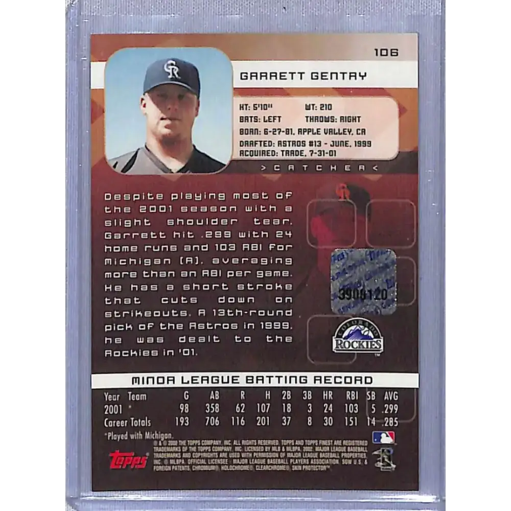 2002 Finest #106 Garrett Gentry Auto Colorado Rockies NM-MT Baseball Card - Baseball Card Single