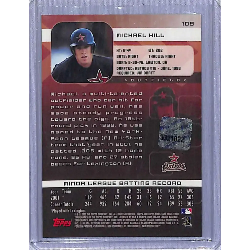 2002 Finest #109 Mike Hill Auto Houston Astros NM-MT Baseball Card - Baseball Card Single