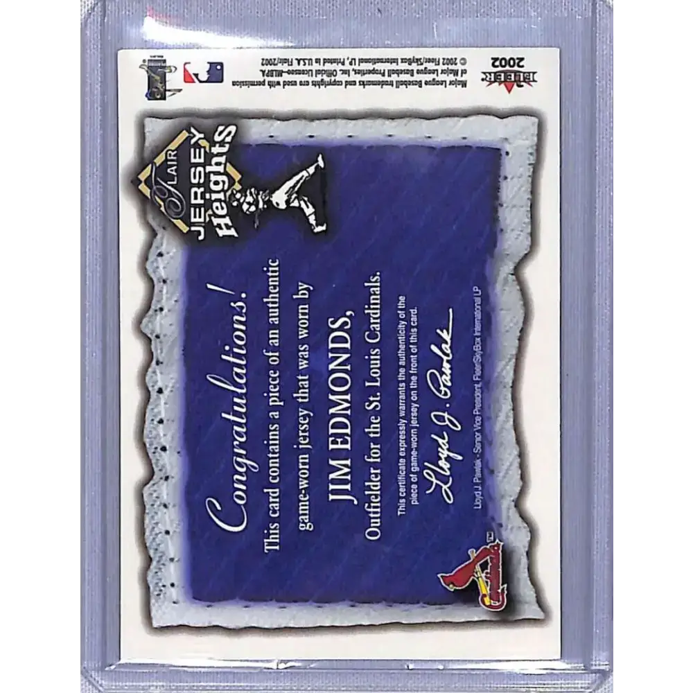 2002 Flair #NNO Jim Edmonds Jersey Heights NM-MT Baseball Card - Baseball Card Single
