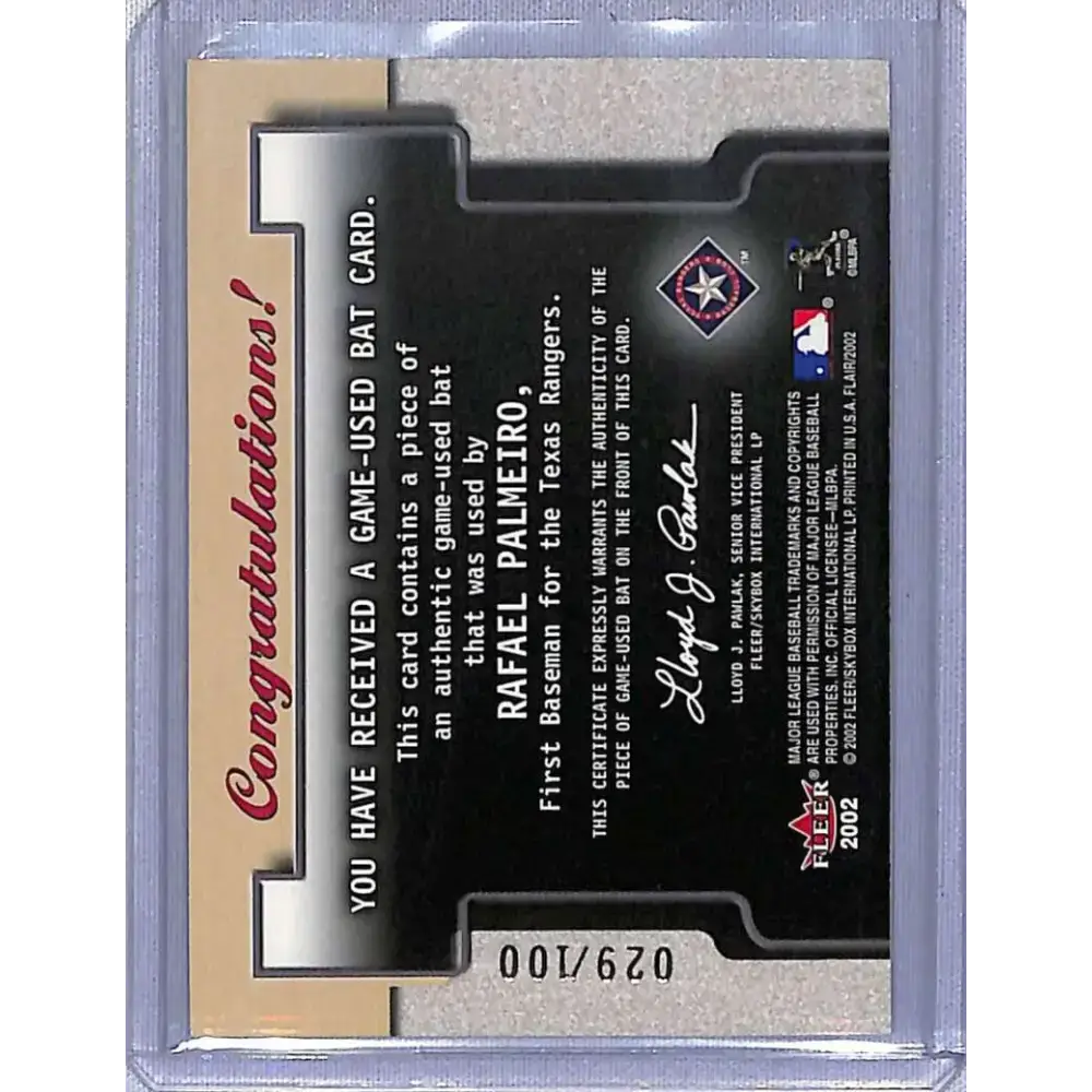 2002 Flair #NNO Rafael Palmeiro Power Tools Bats Gold #/100 NM-MT Baseball Card - Baseball Card Single