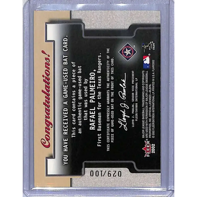 2002 Flair #NNO Rafael Palmeiro Power Tools Bats Gold #/100 NM-MT Baseball Card - Baseball Card Single