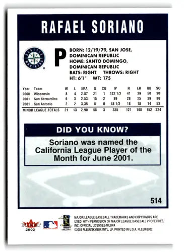 2002 Fleer Rafael Soriano baseball card with original gloss NM-MT Mariners ID 73052