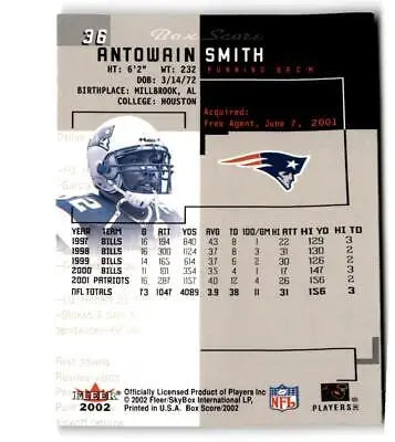 NFL trading card of Antowain Smith featuring Fleer Box Score and New England Patriots logo