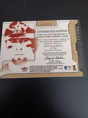 2002 Fleer Box Score - Press Clippings. Jeff Bagwell jersey relic. Astros. NRMT - Baseball Card Single