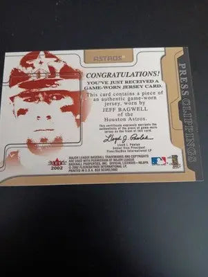2002 Fleer Box Score - Press Clippings. Jeff Bagwell jersey relic. Astros. NRMT - Baseball Card Single