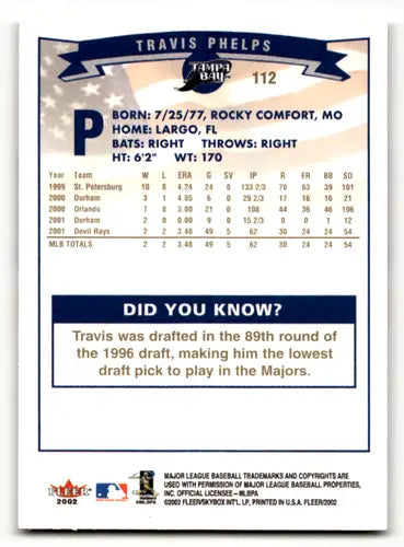 2002 Fleer Gold Backs baseball card back featuring Travis Phelps Devil Rays NM-MT