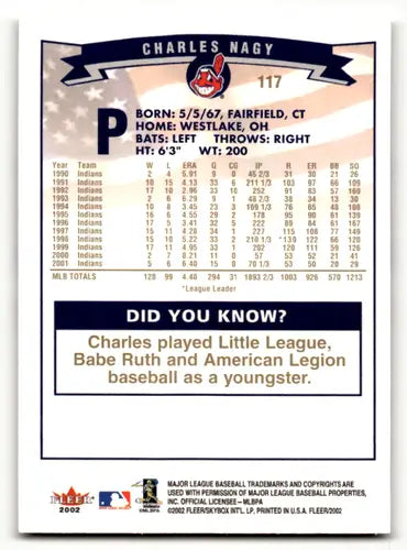 Charles Nagy baseball card from 2002 Fleer Gold Backs series featuring the Cleveland Indians