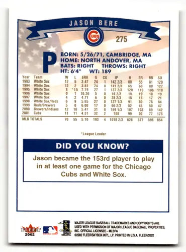 Original gloss on Fleer Gold Backs baseball card back featuring Jason Bere Cubs